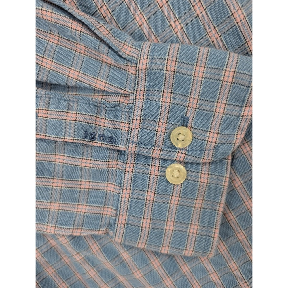 IZOD Mens XL Button Down Shirt Blue Pink Plaid Paisley Trim‎ Cotton Long Sleeve